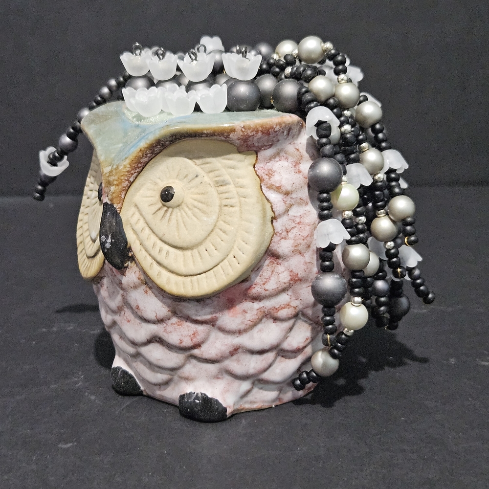 Ceramic Owl Figurine with Black and White Beaded Accent